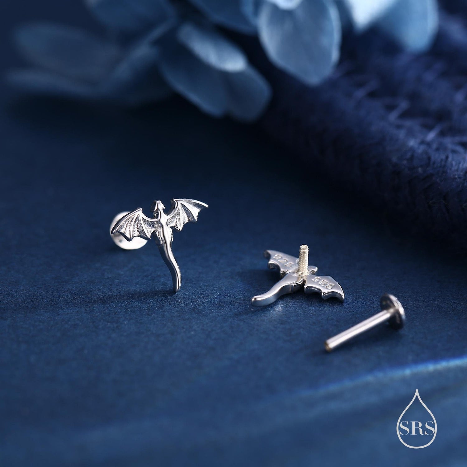 Extra Tiny Dragon 16G Internally Threaded Flat Back Earrings in Sterling Silver