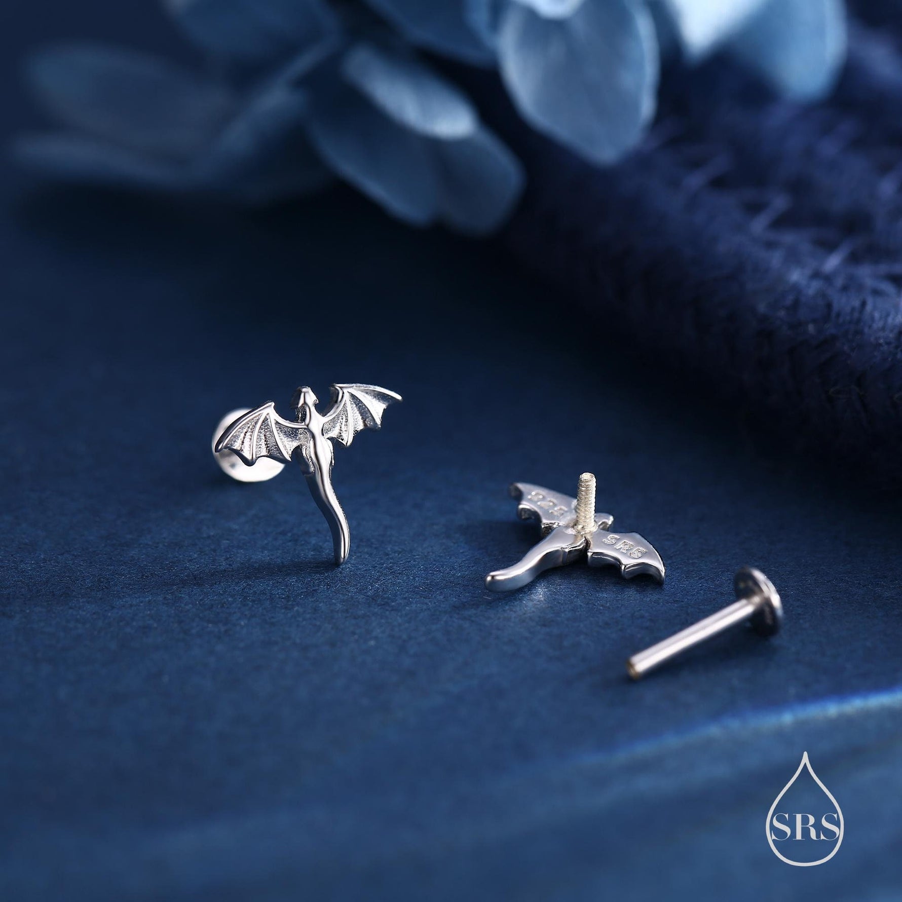 Extra Tiny Dragon 16G Internally Threaded Flat Back Earrings in Sterling Silver