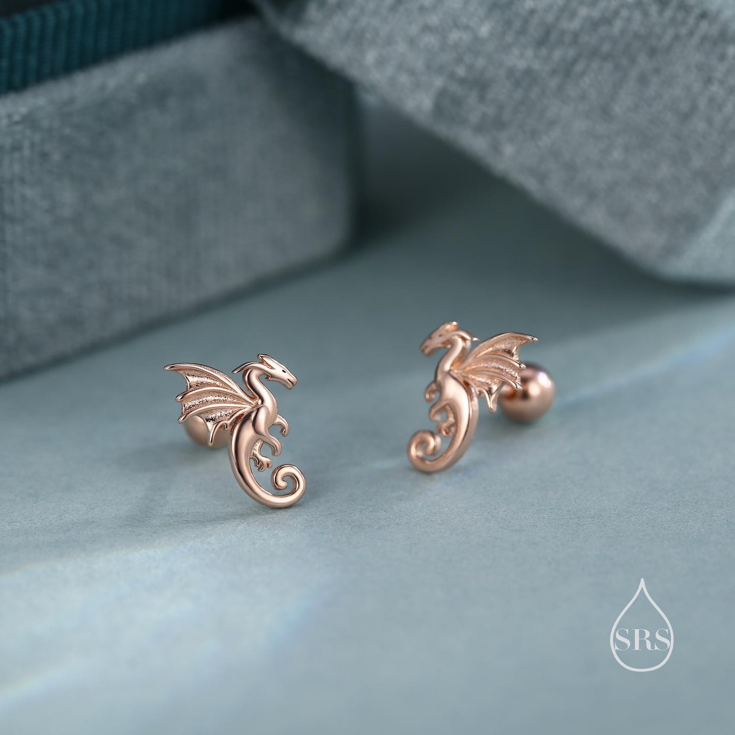 Internally Threaded Dragon Flat Back Earrings in Sterling Silver, Also available in Screw Back Stud Earrings Gold or Rose Gold