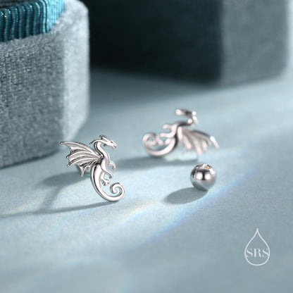 Internally Threaded Dragon Flat Back Earrings in Sterling Silver, Also available in Screw Back Stud Earrings Gold or Rose Gold