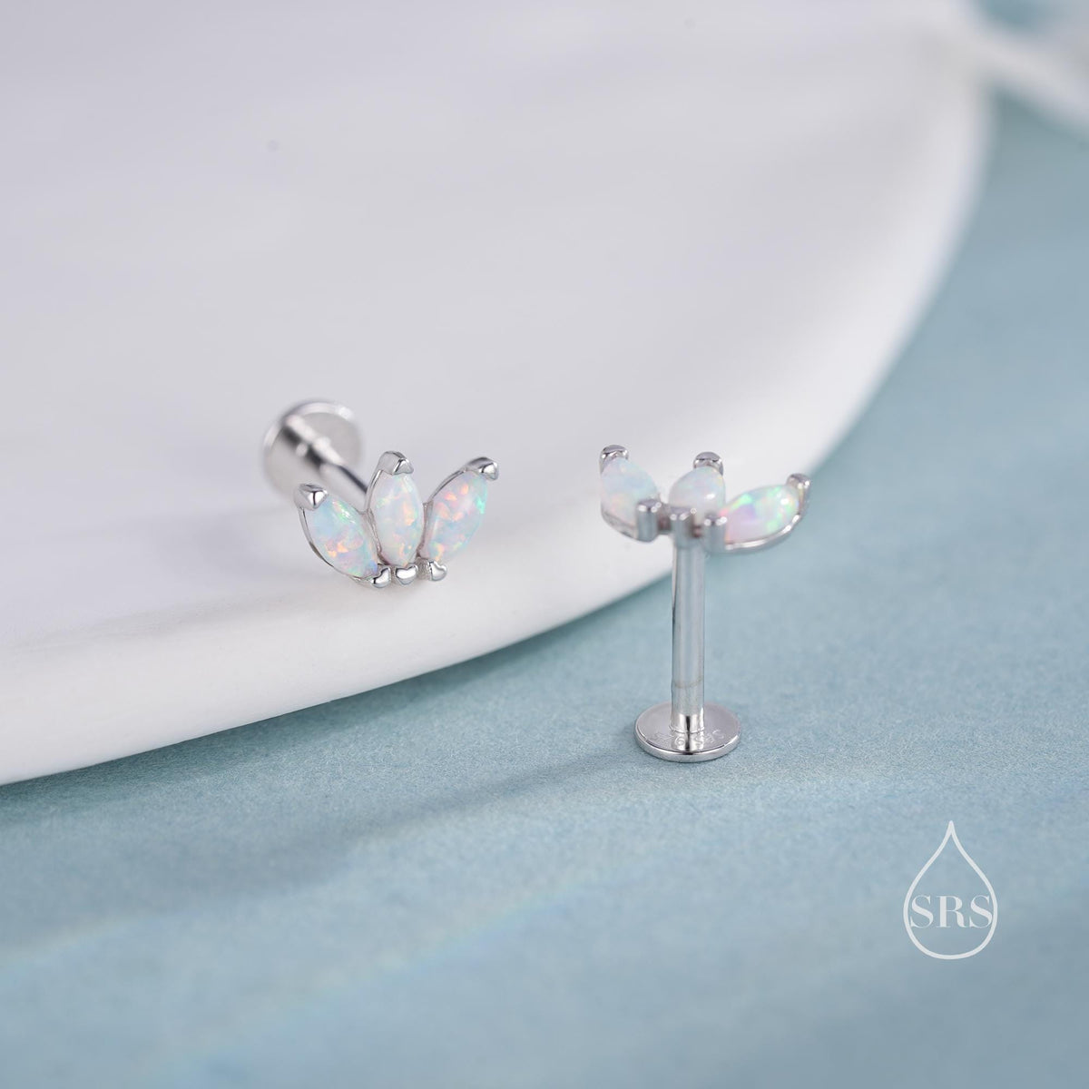 Sterling Silver White Opal Marquise Cluster 16G Internally Threaded Flat Back Earrings