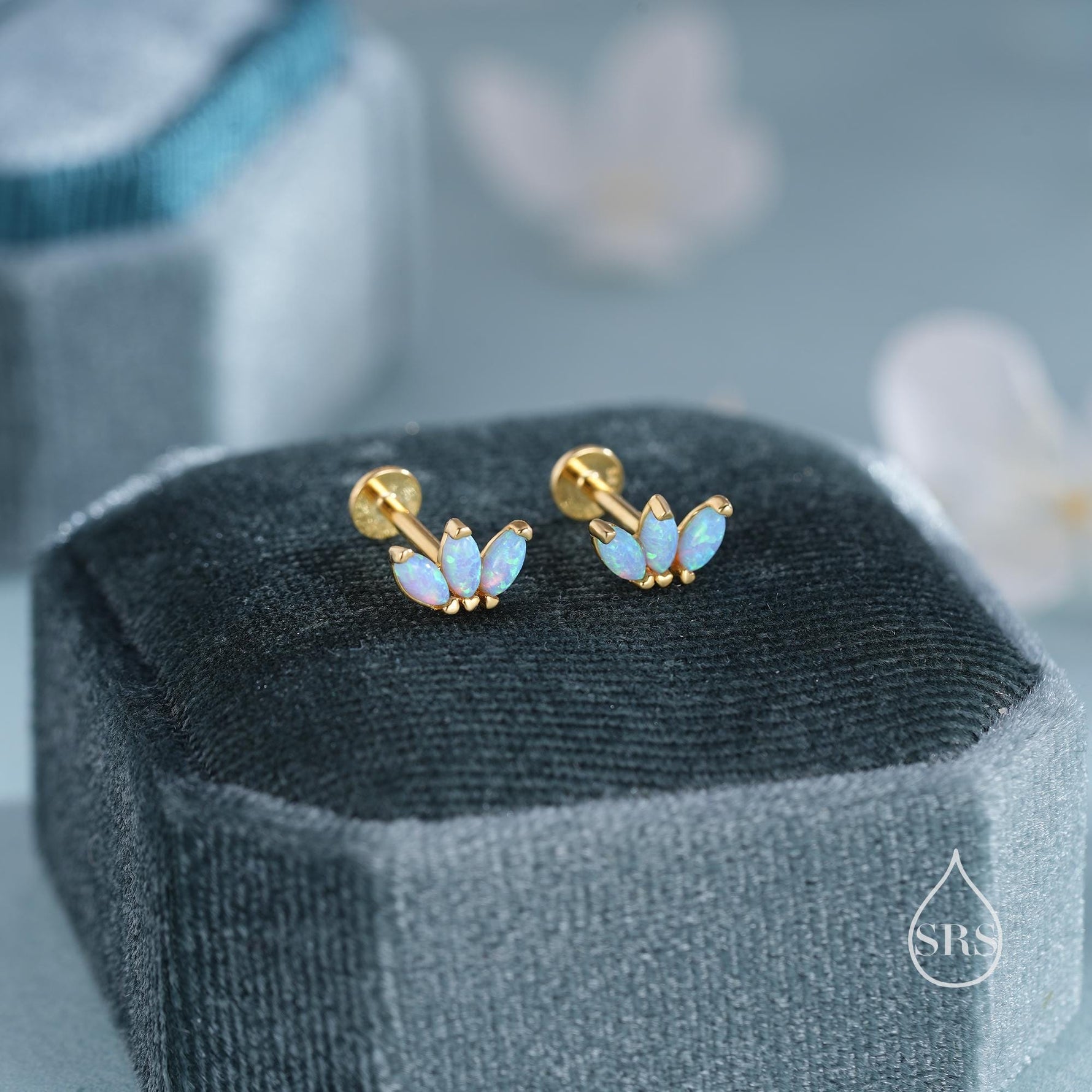 Sterling Silver Blue Opal Marquise Cluster Internally Threaded Flat Back/ Stud Earrings, Marquise Fan Stud, Silver or Gold