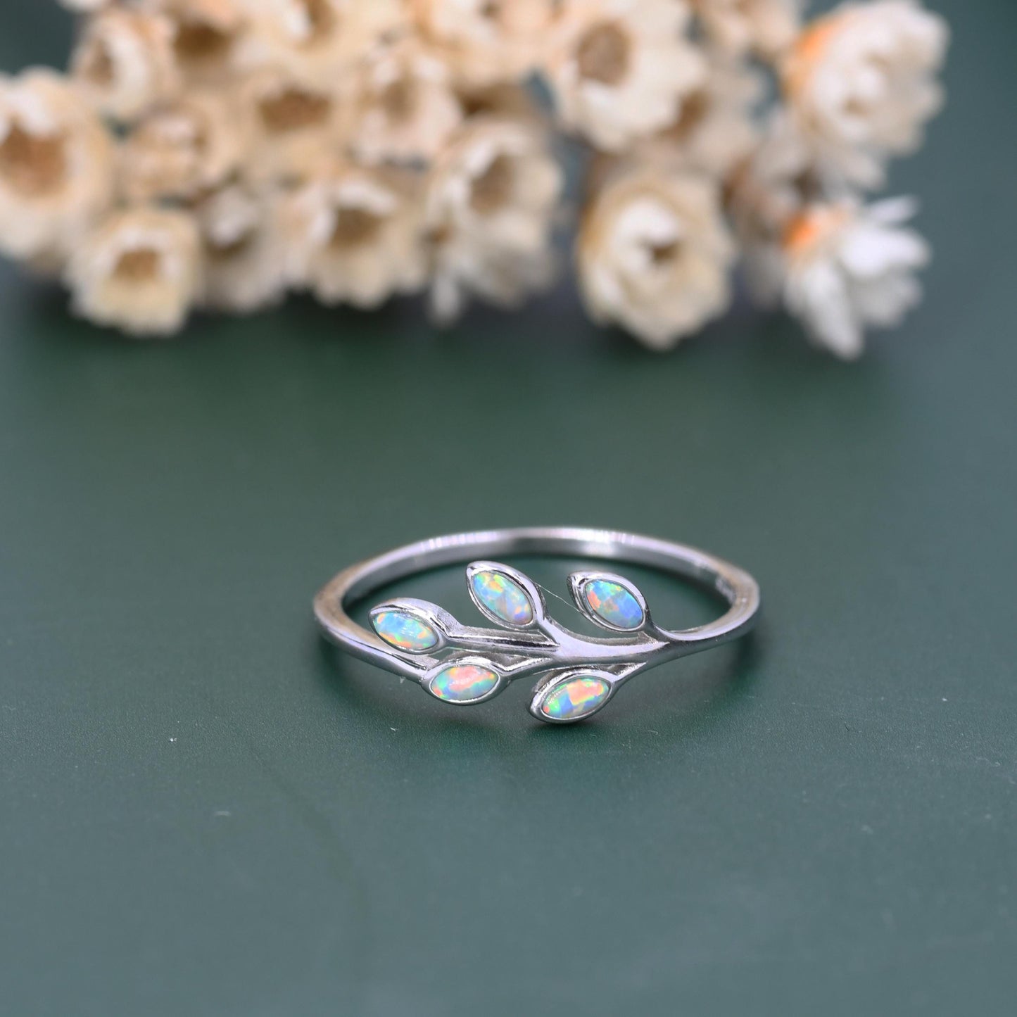 Aqua Green Opal Olive Leaf Ring in Sterling Silver, Silver or Gold, US 5 - 8 Olive Leaf Ring, Botanical Ring, Simulated Blue Opal Leaf Ring