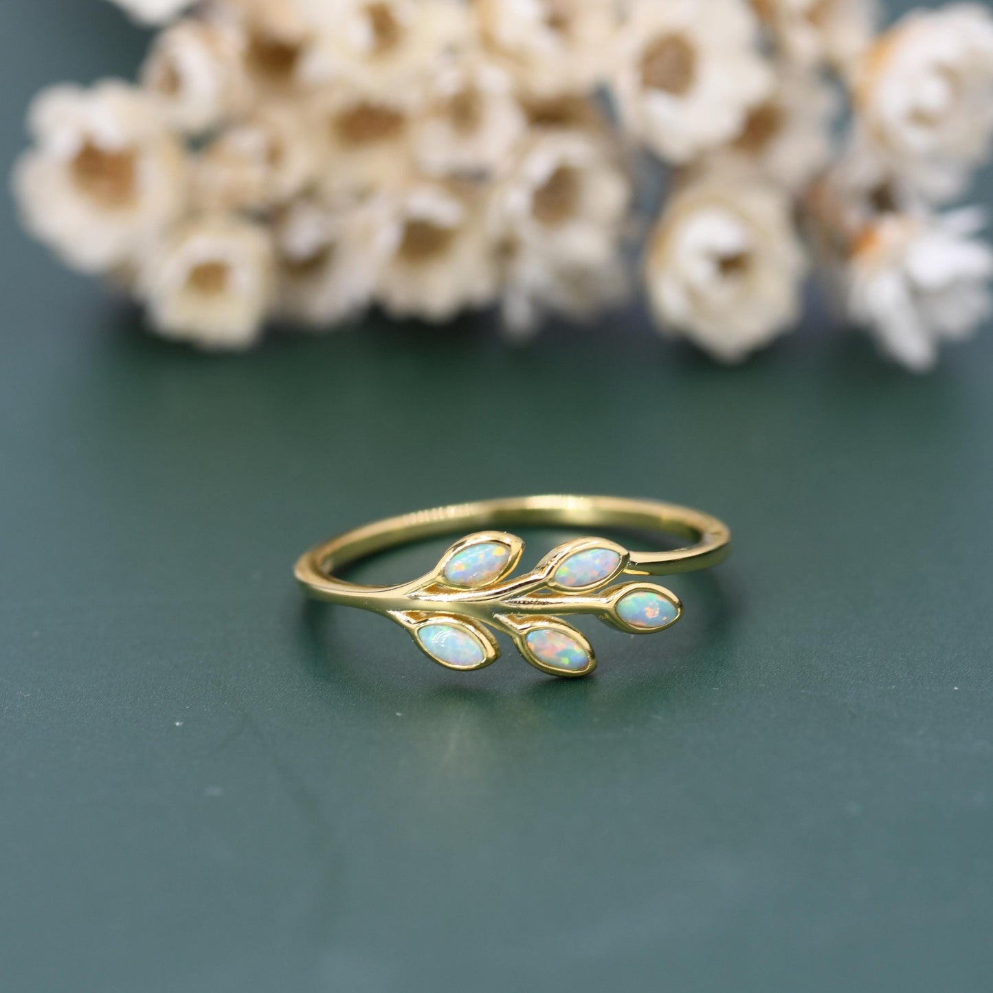 Aqua Green Opal Olive Leaf Ring in Sterling Silver, Silver or Gold, US 5 - 8 Olive Leaf Ring, Botanical Ring, Simulated Blue Opal Leaf Ring