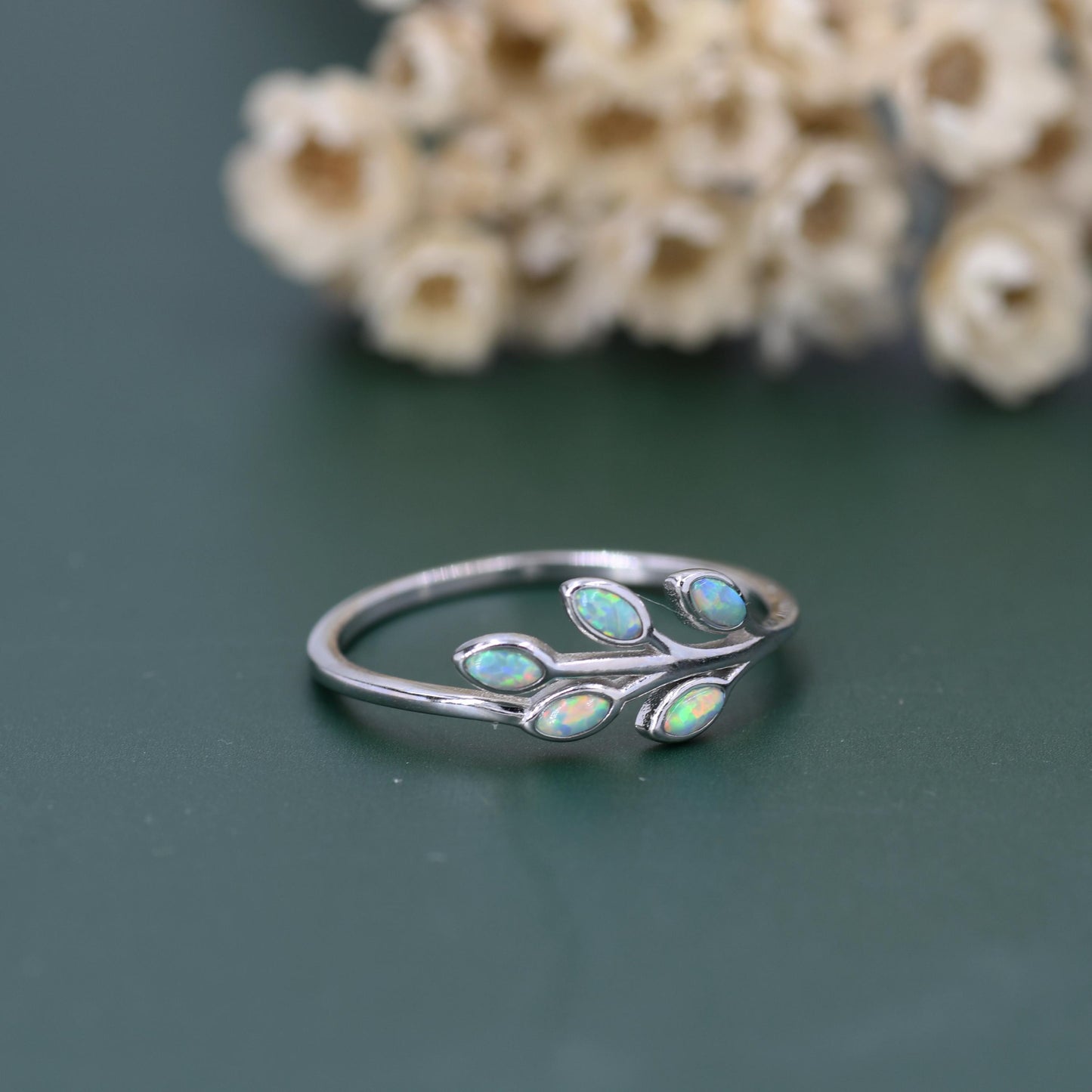 Aqua Green Opal Olive Leaf Ring in Sterling Silver, Silver or Gold, US 5 - 8 Olive Leaf Ring, Botanical Ring, Simulated Blue Opal Leaf Ring