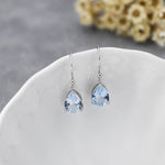 Topaz Blue CZ Droplet Drop Earrings in Sterling Silver, Pale Blue, Silver or Gold, Pear Shape 6x8mm Cubic Zirconia Hook Earrings