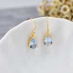 Topaz Blue CZ Droplet Drop Earrings in Sterling Silver, Pale Blue, Silver or Gold, Pear Shape 6x8mm Cubic Zirconia Hook Earrings