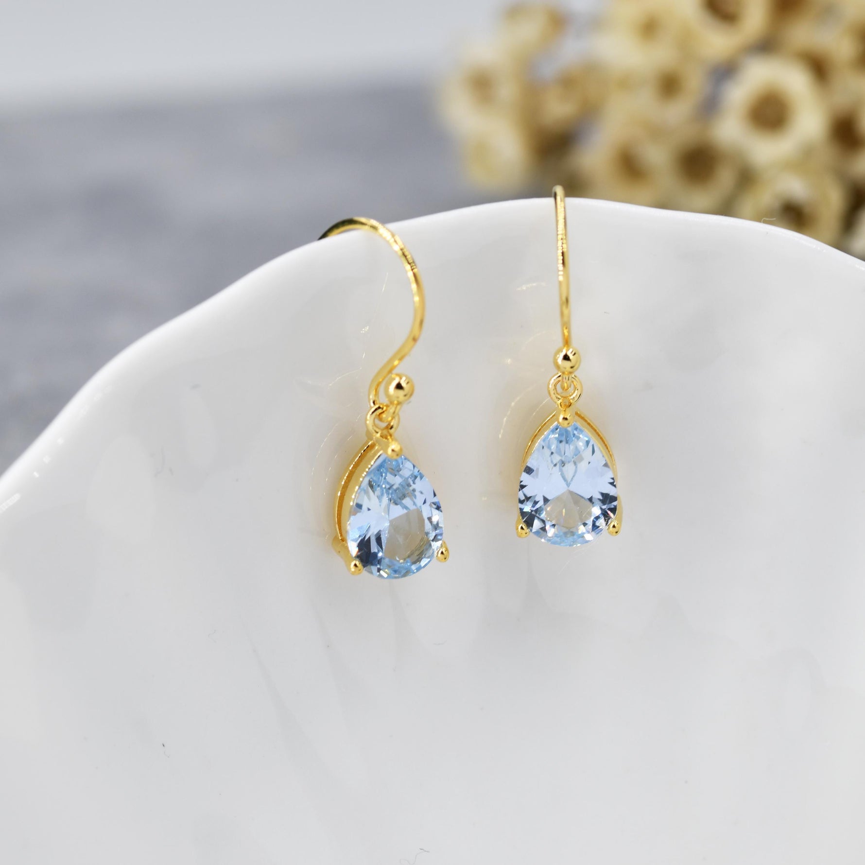 Topaz Blue CZ Droplet Drop Earrings in Sterling Silver, Pale Blue, Silver or Gold, Pear Shape 6x8mm Cubic Zirconia Hook Earrings