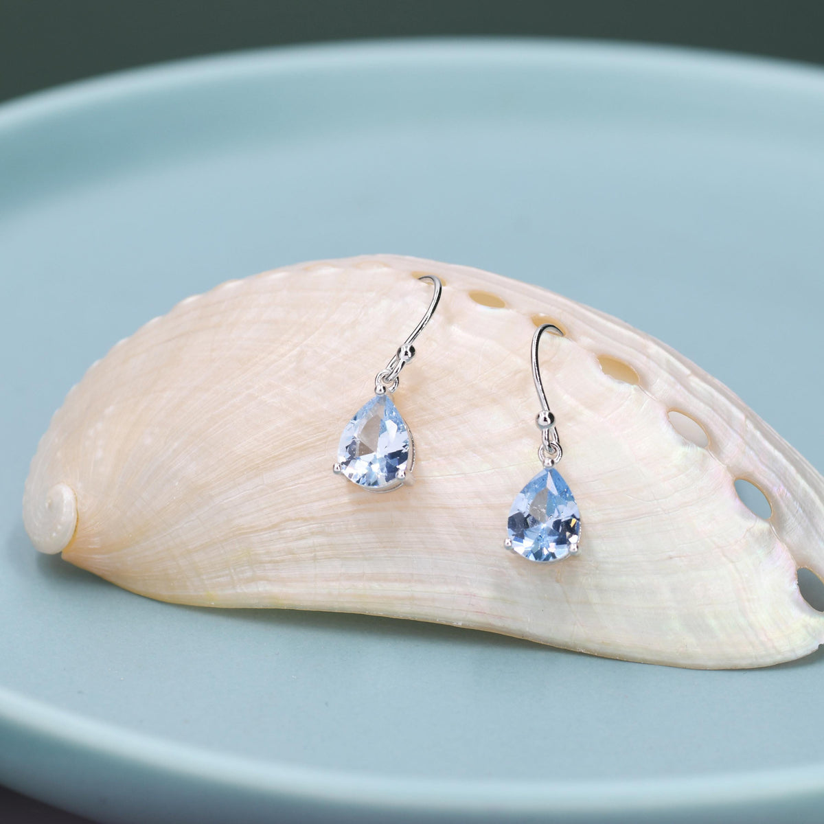 Topaz Blue CZ Droplet Drop Earrings in Sterling Silver, Pale Blue, Silver or Gold, Pear Shape 6x8mm Cubic Zirconia Hook Earrings