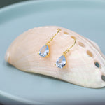 Topaz Blue CZ Droplet Drop Earrings in Sterling Silver, Pale Blue, Silver or Gold, Pear Shape 6x8mm Cubic Zirconia Hook Earrings