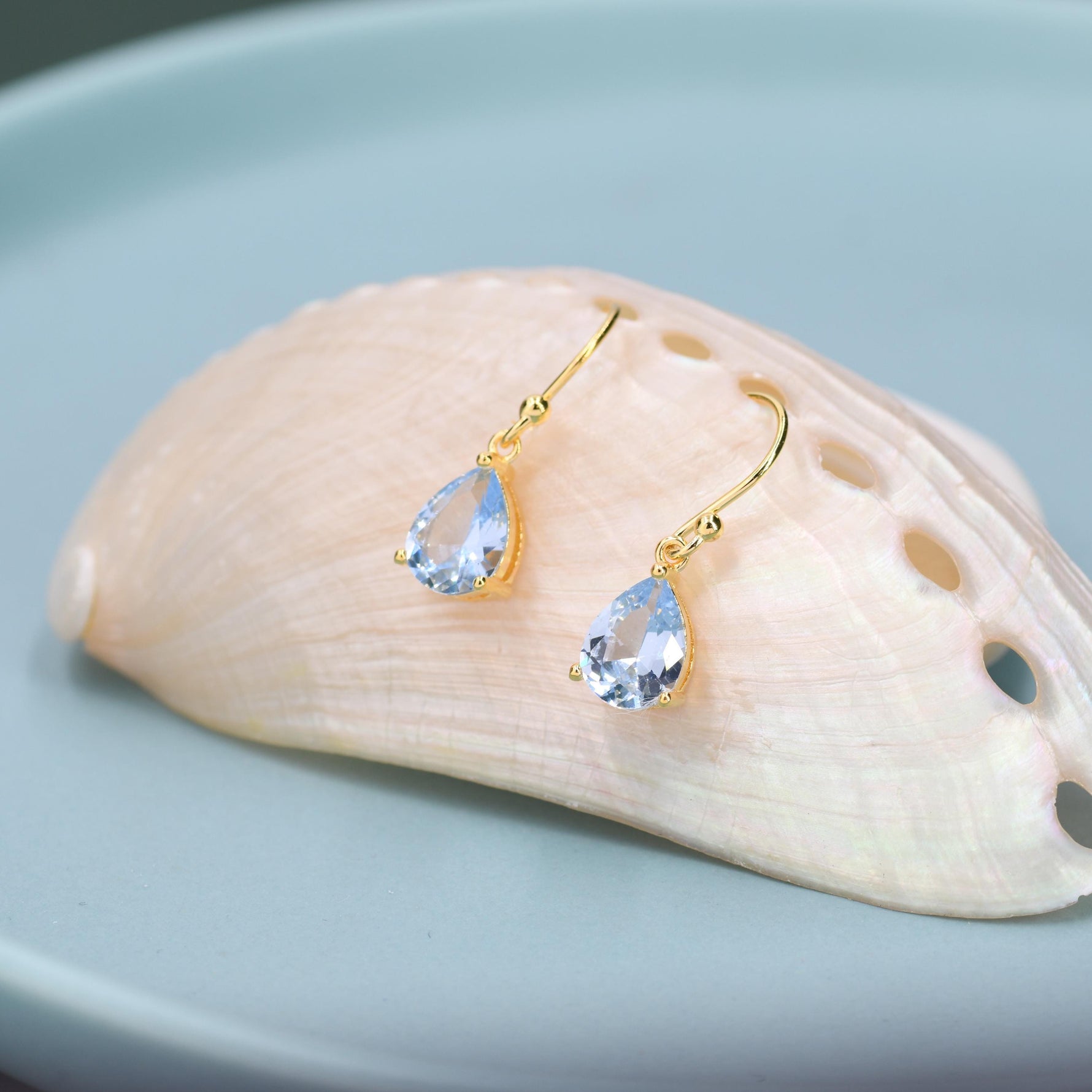 Topaz Blue CZ Droplet Drop Earrings in Sterling Silver, Pale Blue, Silver or Gold, Pear Shape 6x8mm Cubic Zirconia Hook Earrings
