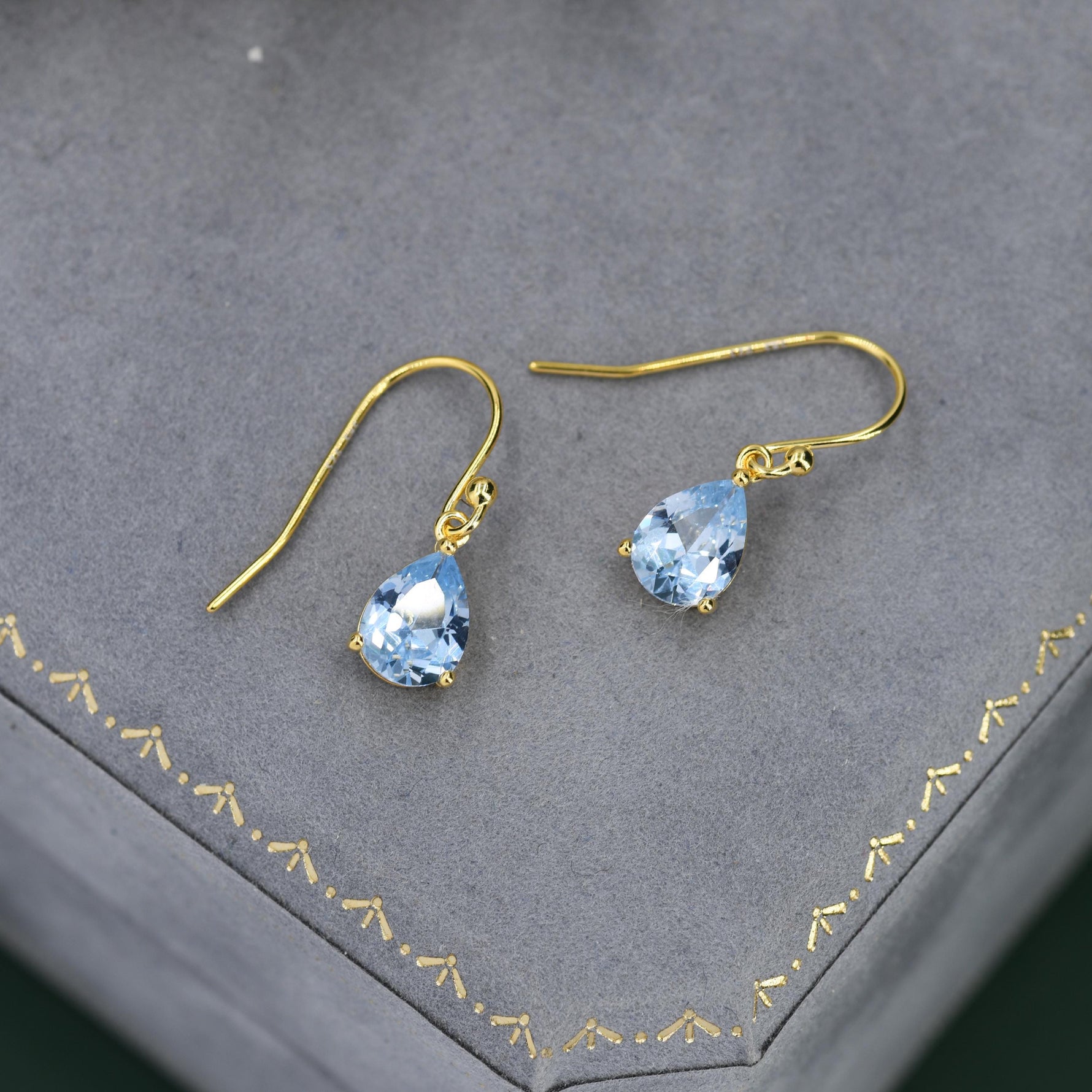Topaz Blue CZ Droplet Drop Earrings in Sterling Silver, Pale Blue, Silver or Gold, Pear Shape 6x8mm Cubic Zirconia Hook Earrings