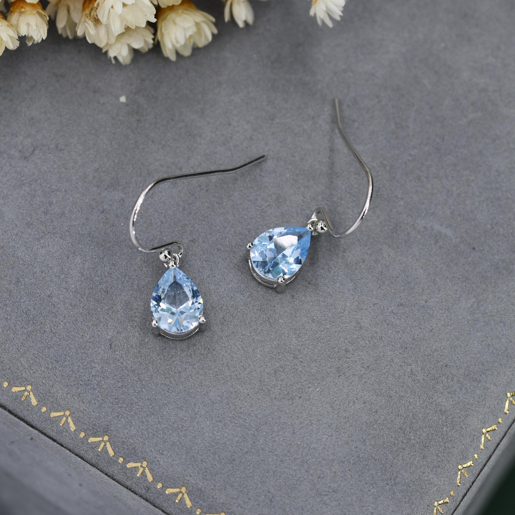 Topaz Blue CZ Droplet Drop Earrings in Sterling Silver, Pale Blue, Silver or Gold, Pear Shape 6x8mm Cubic Zirconia Hook Earrings