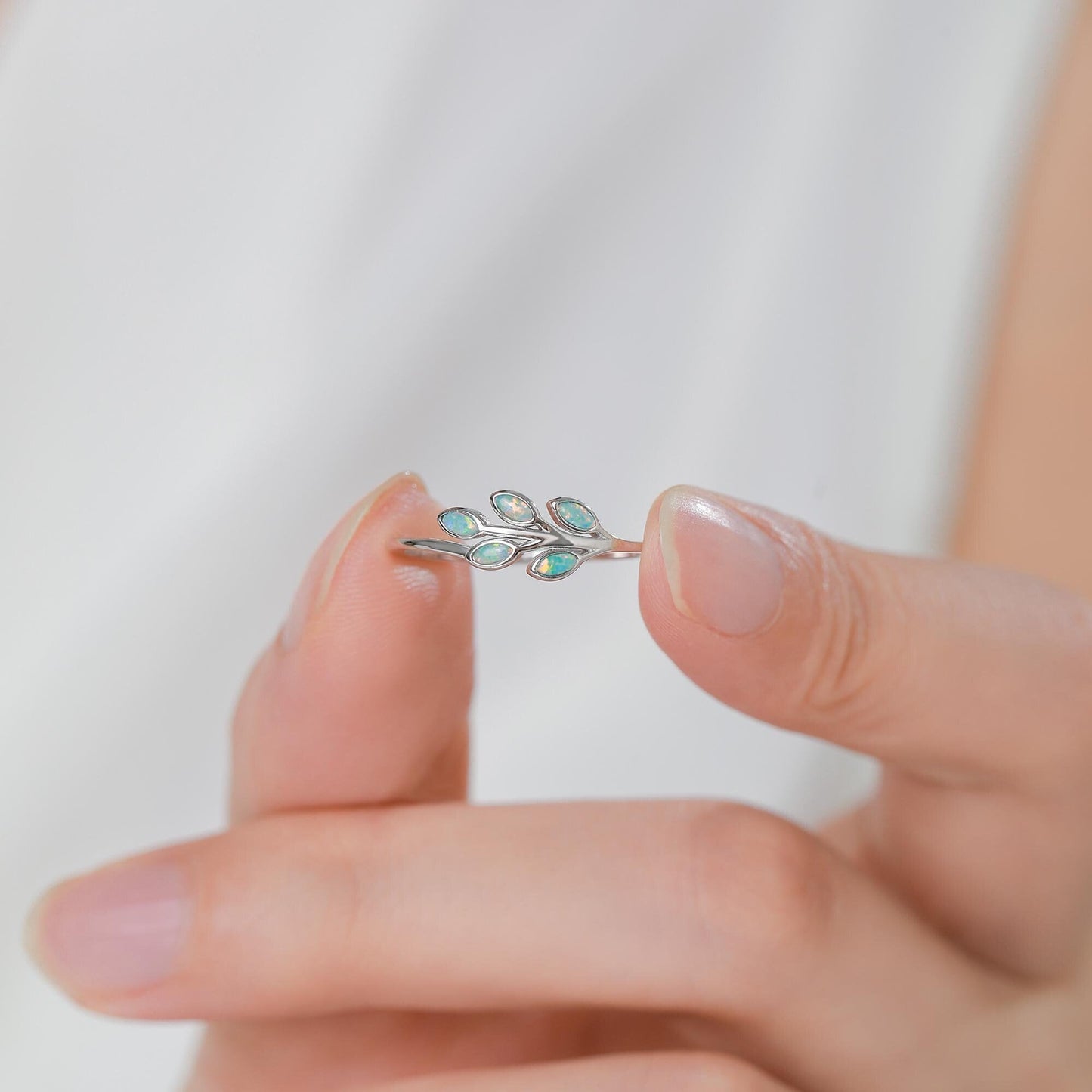 Aqua Green Opal Olive Leaf Ring in Sterling Silver, Silver or Gold, US 5 - 8 Olive Leaf Ring, Botanical Ring, Simulated Blue Opal Leaf Ring