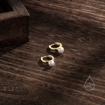 Natural Freshwater Pearl Huggie Hoops, Single Pearl Hoops, Silver or Gold, Genuine Pearl Huggie Hoops, Keshi Pearl Earrings