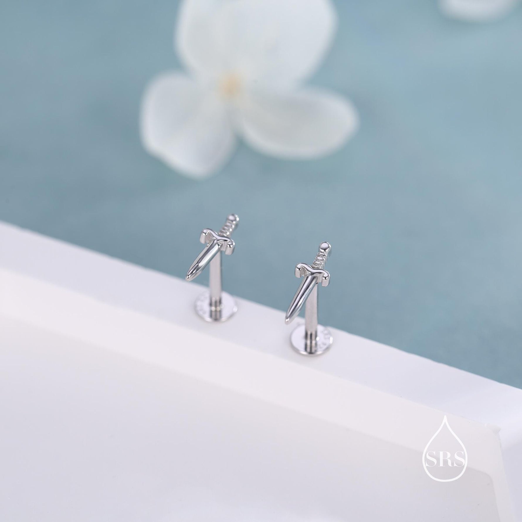 Tiny Dagger Sword Internally Threaded Flat Back Earrings / Stud Earrings in Sterling Silver - Stacking Earrings - Ear Stacks