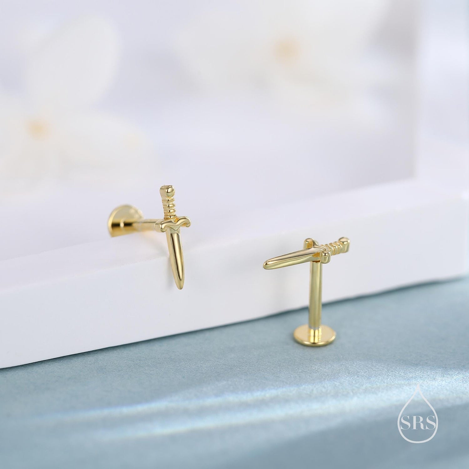 Tiny Dagger Sword Internally Threaded Flat Back Earrings / Stud Earrings in Sterling Silver - Stacking Earrings  - Ear Stacks