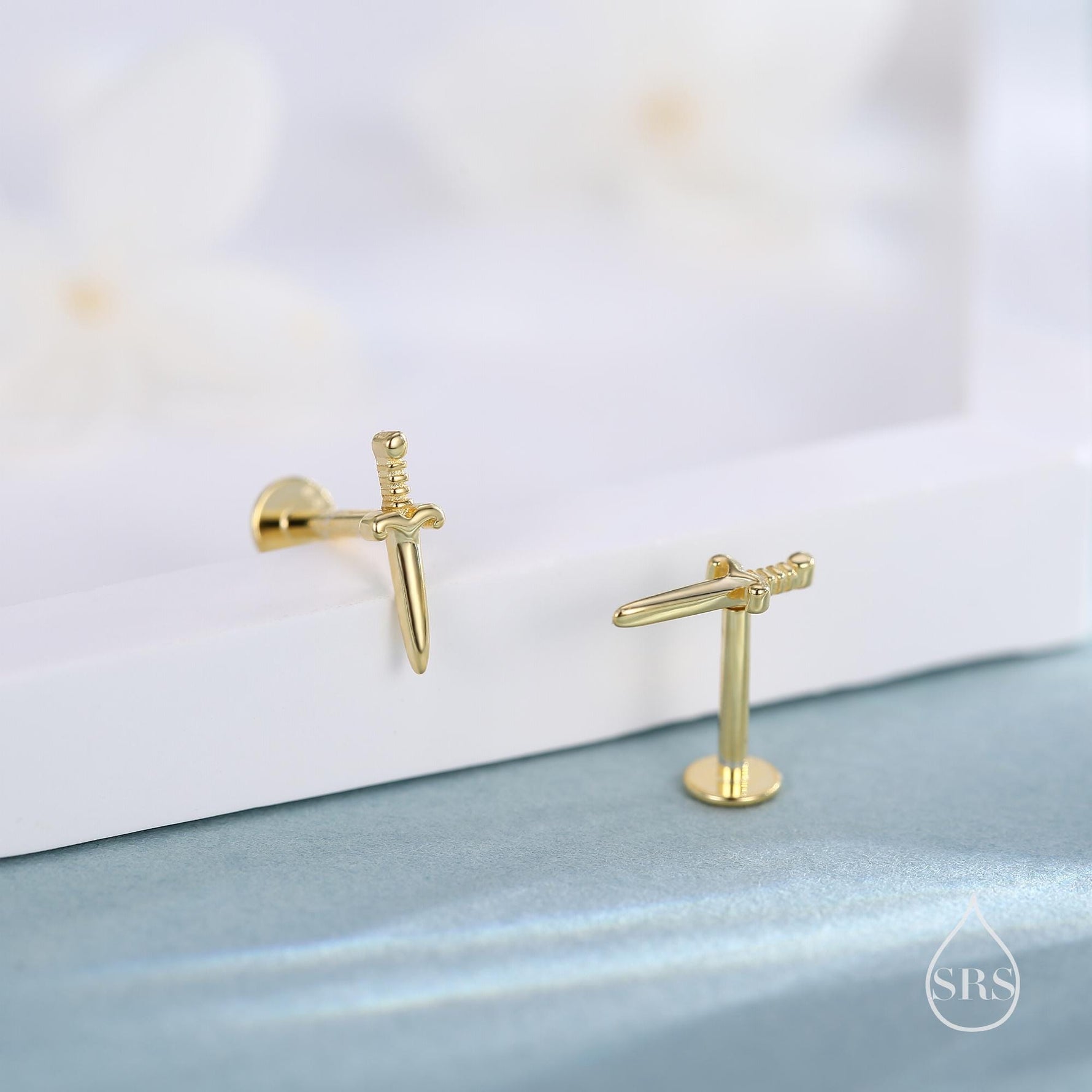 Tiny Dagger Sword Internally Threaded Flat Back Earrings / Stud Earrings in Sterling Silver - Stacking Earrings - Ear Stacks
