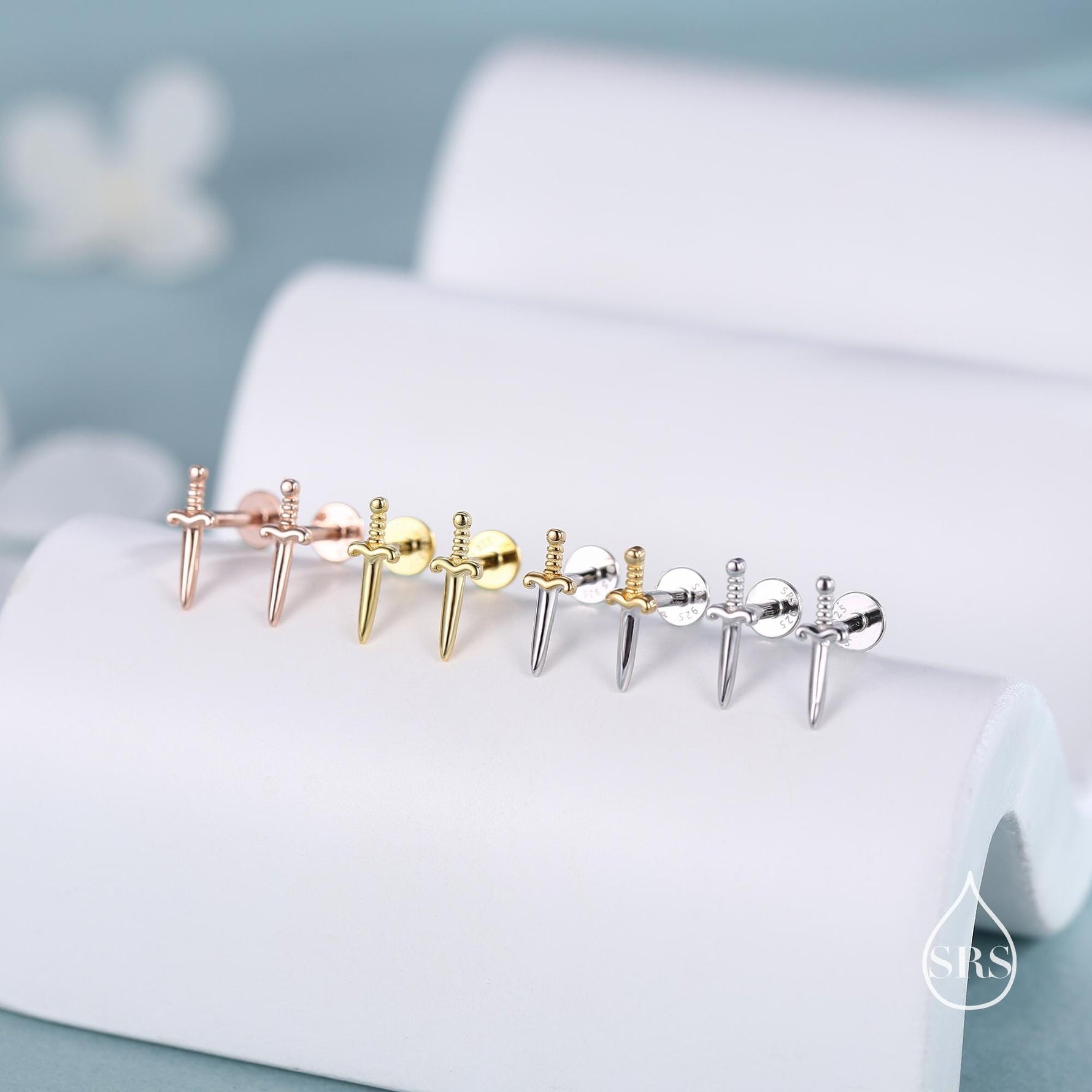 Tiny Dagger Sword Internally Threaded Flat Back Earrings / Stud Earrings in Sterling Silver - Stacking Earrings - Ear Stacks