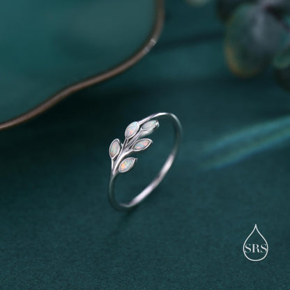 White Opal Olive Leaf Ring in Sterling Silver, Silver or Gold, US 5 - 8, Olive Leaf Ring, Botanical Ring, Simulated Opal Leaf Ring