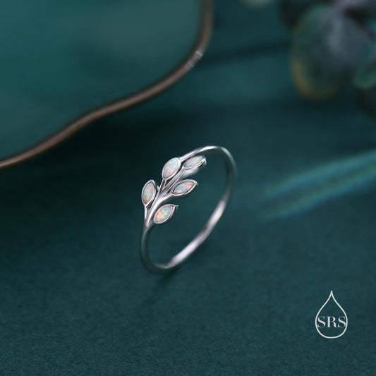 White Opal Olive Leaf Ring in Sterling Silver, Silver or Gold, US 5 - 8, Olive Leaf Ring, Botanical Ring, Simulated Opal Leaf Ring