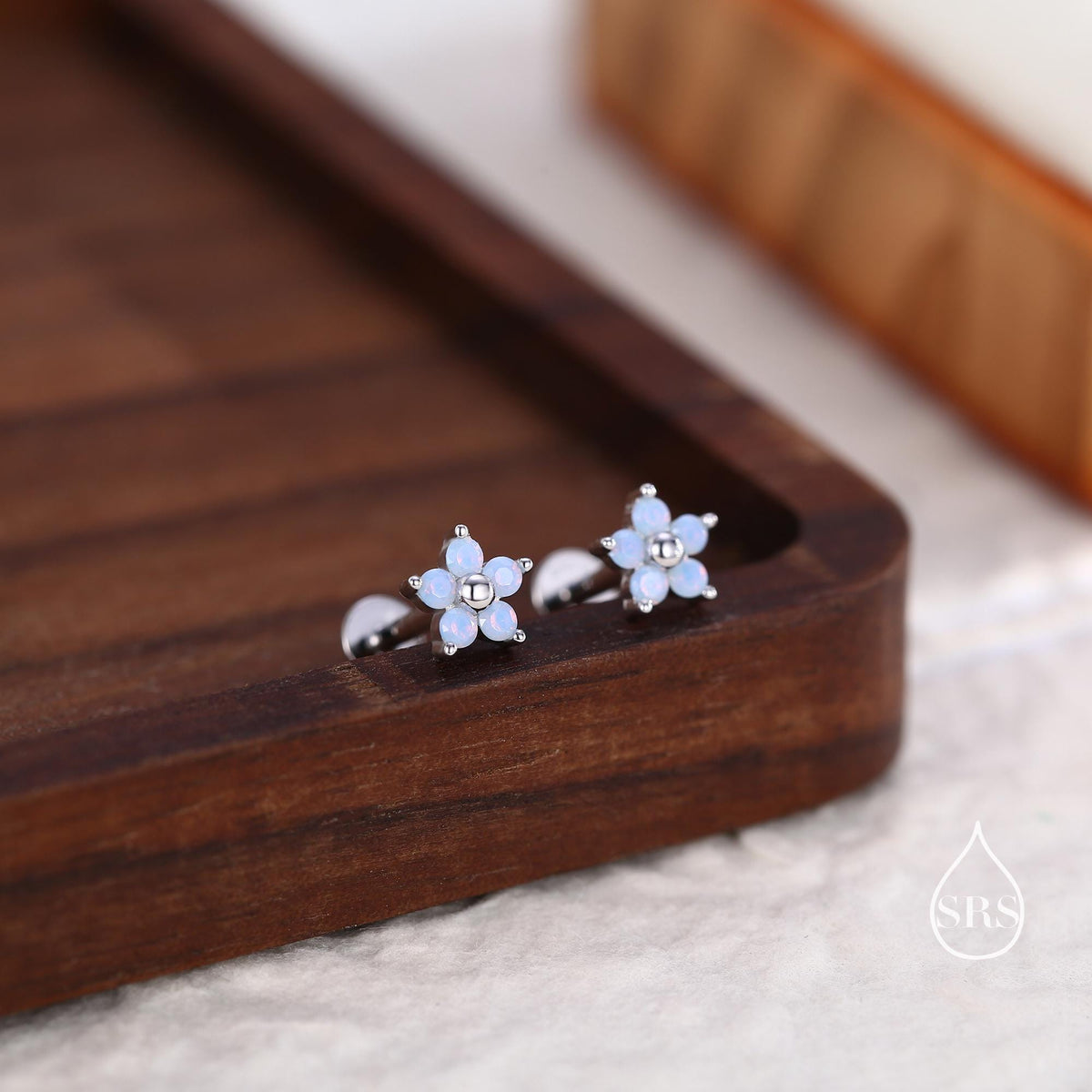 Tiny Opal Blue CZ Flower 16G Internally Threaded Flat Back Earrings in Sterling Silver