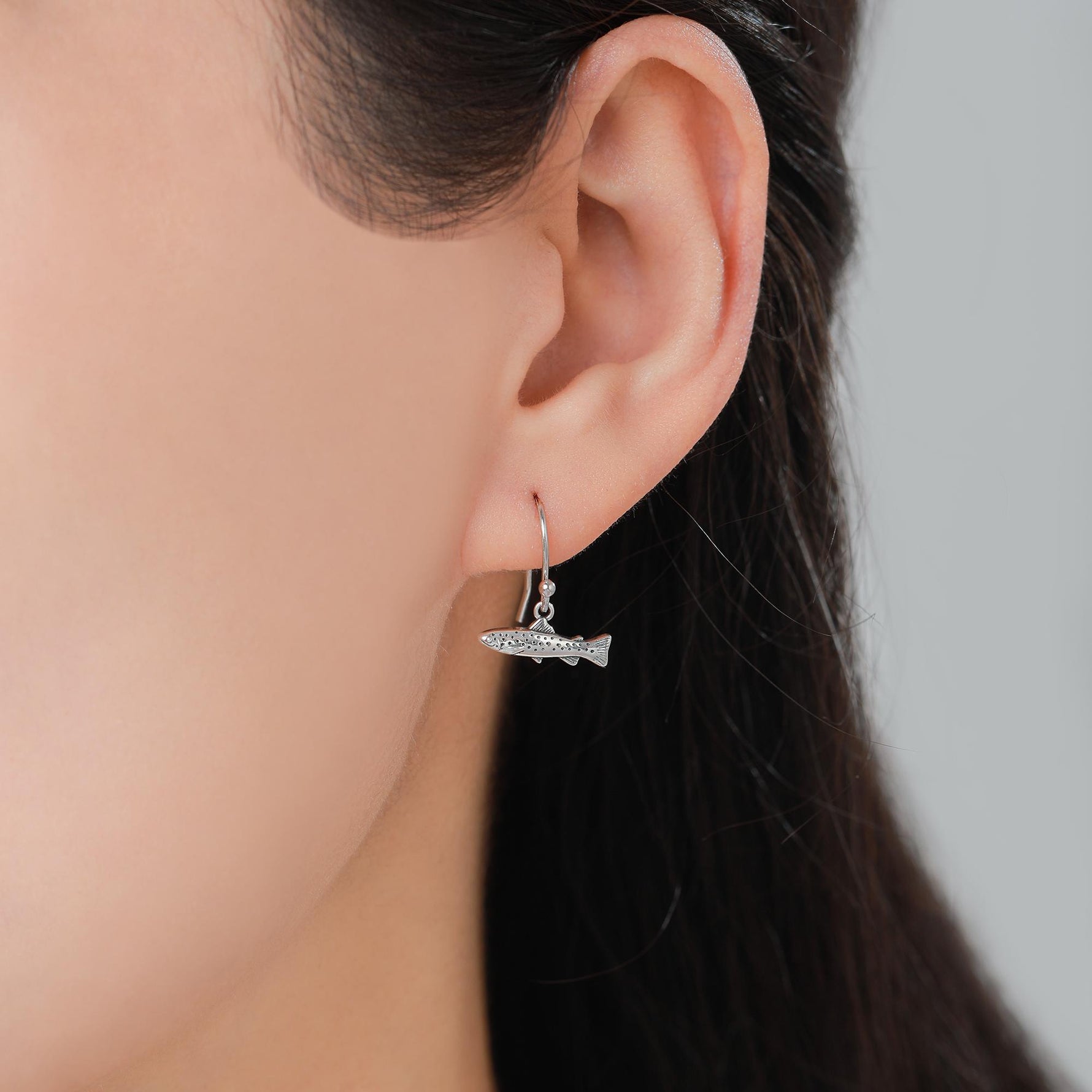Trout Fish Drop Dangle Earrings in Sterling Silver, Silver or Gold or Rose Gold, Trout Fish Hook Earrings, Salmon Earrings