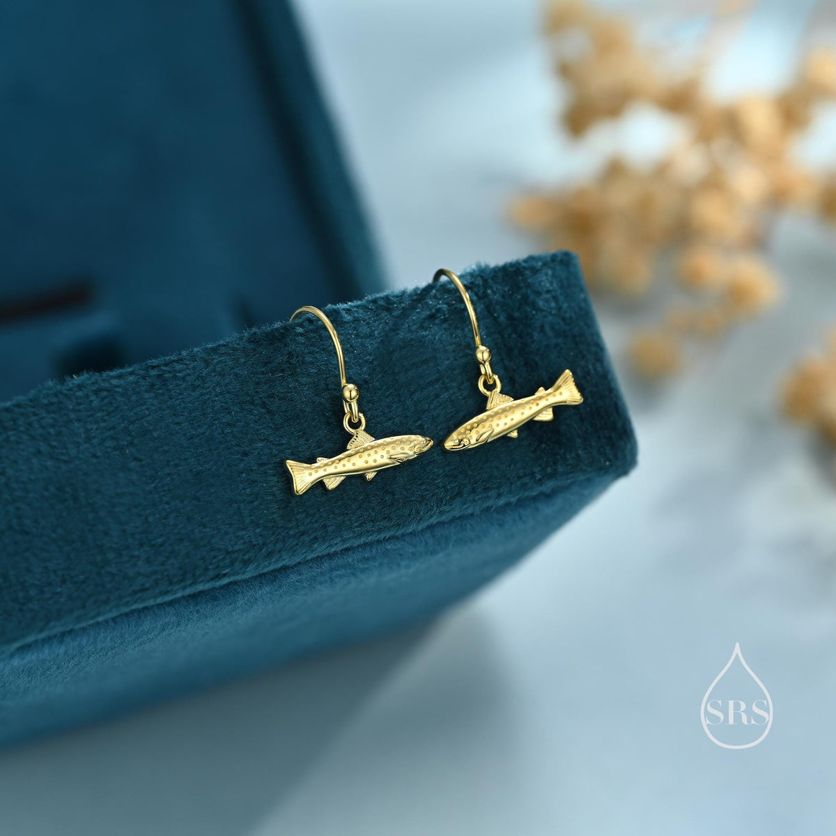Trout Fish Drop Dangle Earrings in Sterling Silver, Silver or Gold or Rose Gold, Trout Fish Hook Earrings, Salmon Earrings