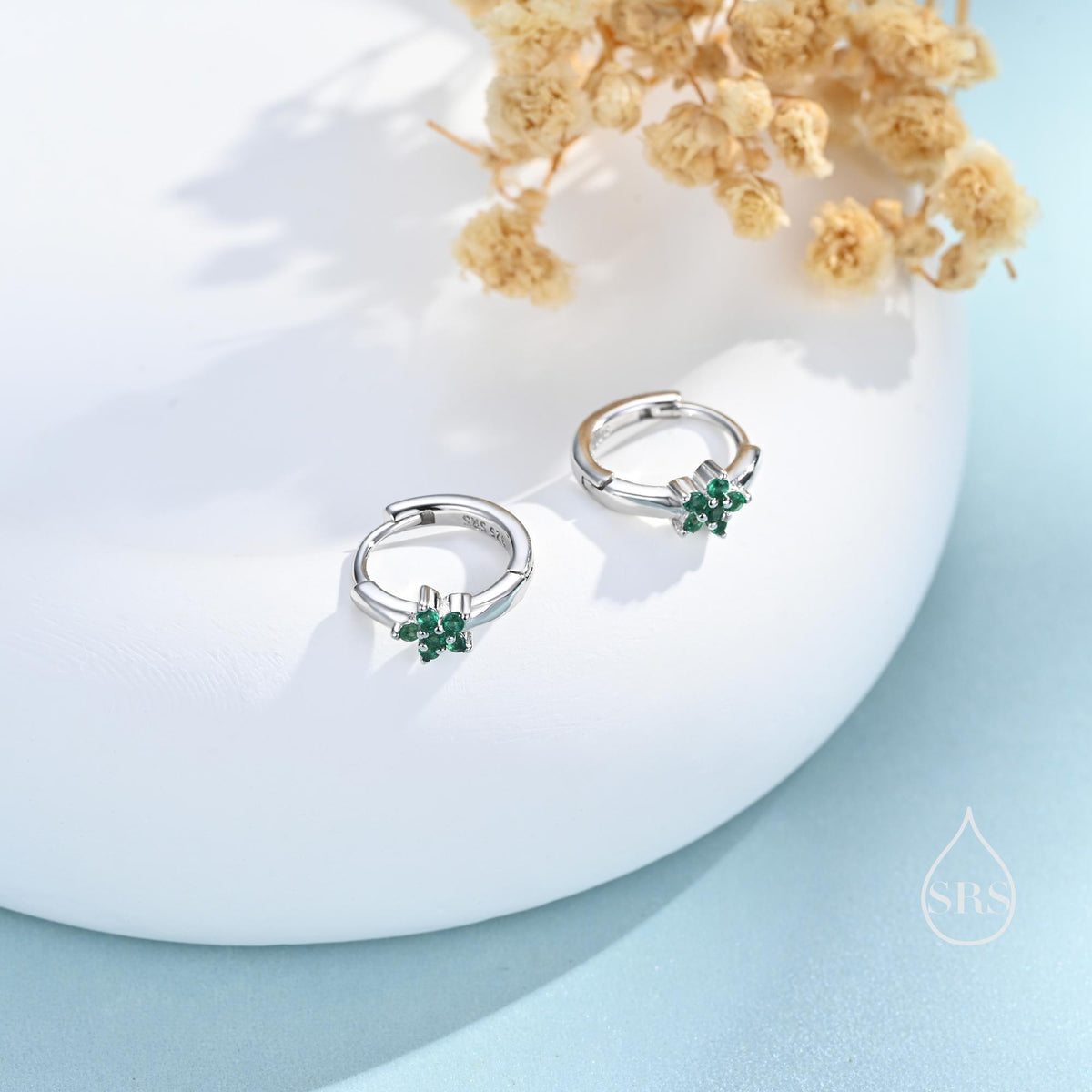 Tiny Emerald Green CZ Flower Huggie Hoops, CZ Hoop Earrings, Crystal Flower Huggie Earrings, Emerald Huggie Earrings