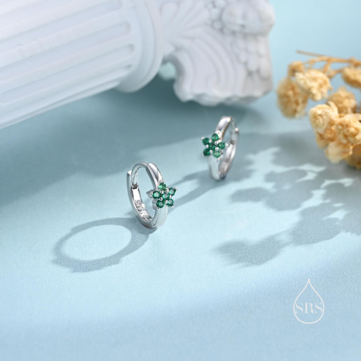 Tiny Emerald Green CZ Flower Huggie Hoops, CZ Hoop Earrings, Crystal Flower Huggie Earrings, Emerald Huggie Earrings