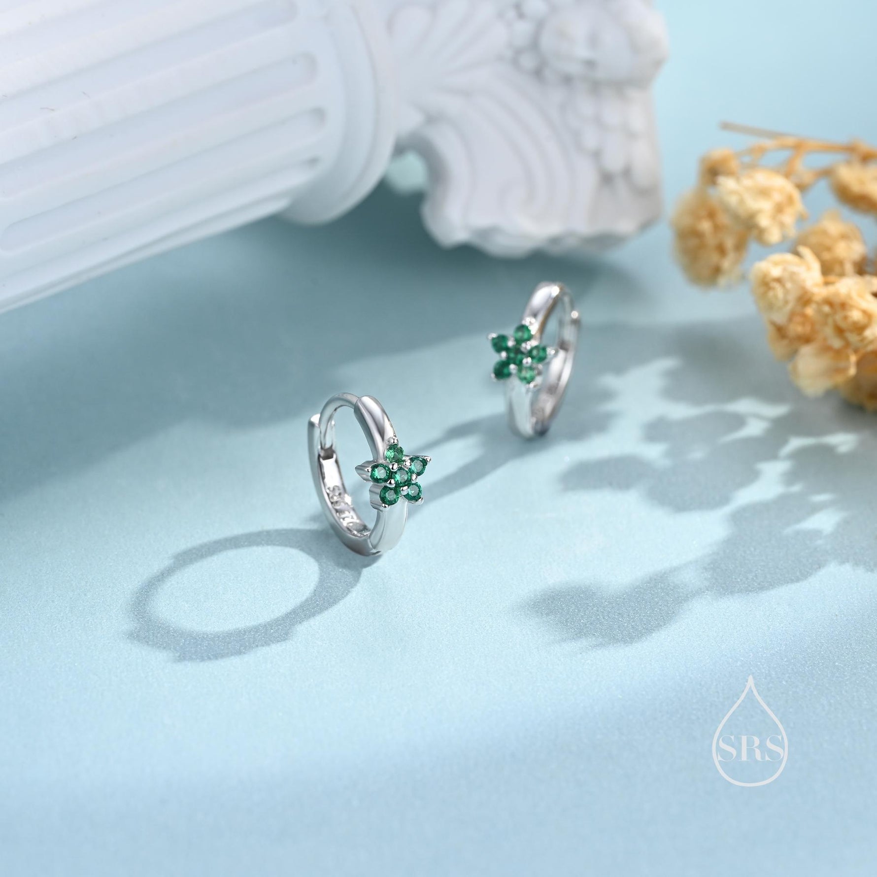 Tiny Emerald Green CZ Flower Huggie Hoops, CZ Hoop Earrings, Crystal Flower Huggie Earrings, Emerald Huggie Earrings