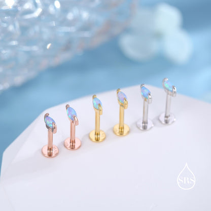 Sterling Silver Blue Opal Marquise Internally Threaded Flat Back Earrings/ Screw Back/ Stud Earrings,  Extra Tiny Marquise Stud