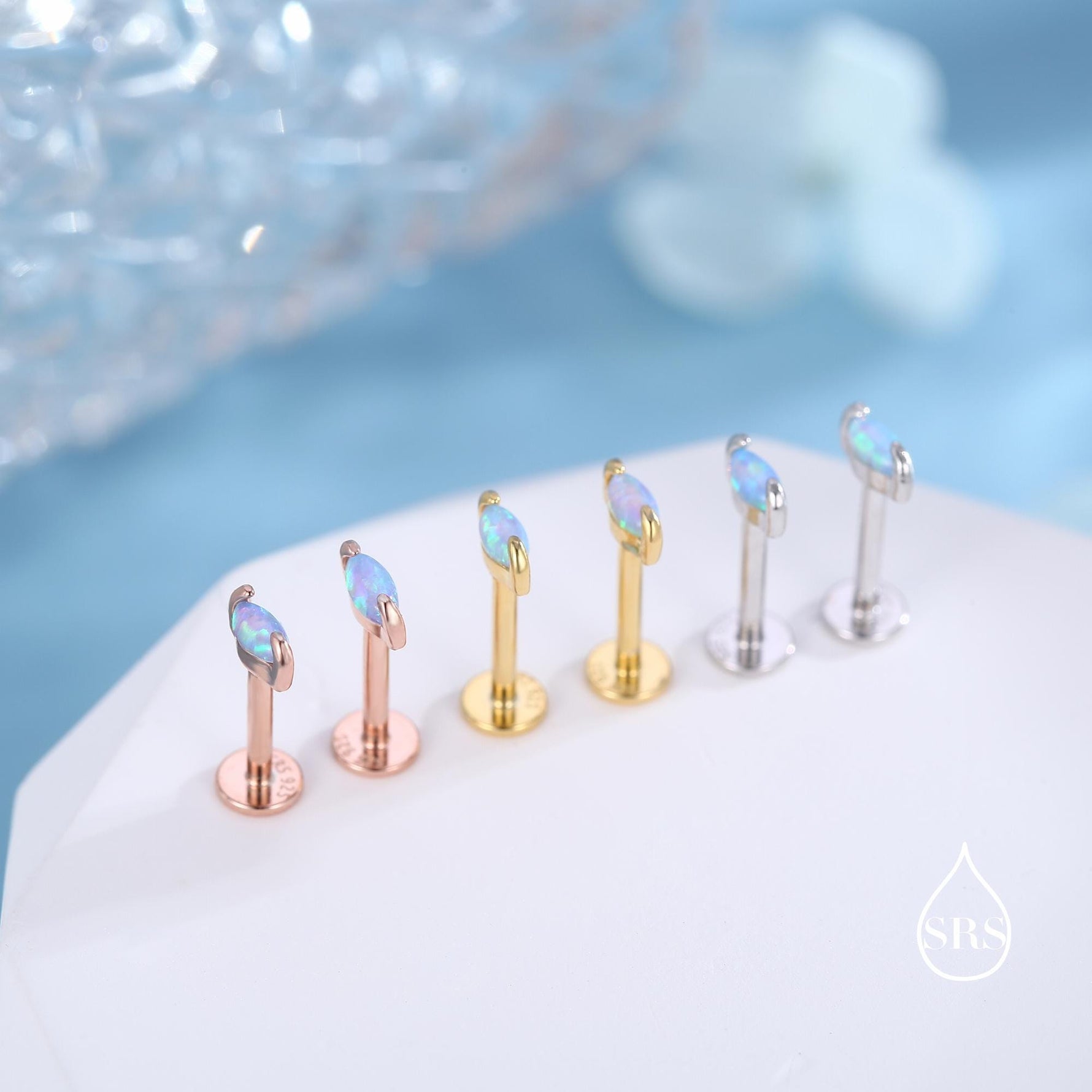 Sterling Silver Blue Opal Marquise 16G Internally Threaded Flat Back Earrings