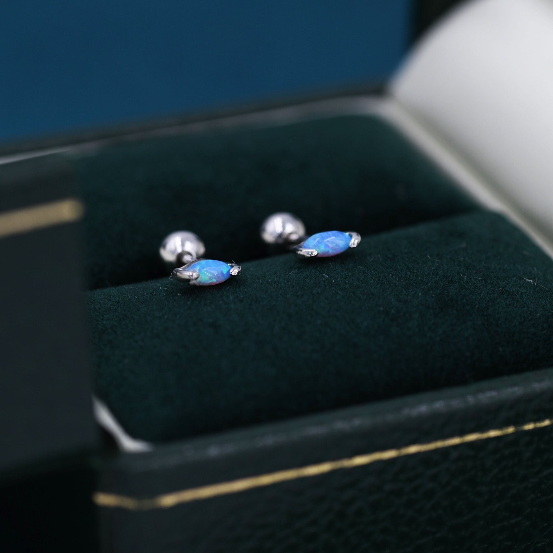 Sterling Silver Blue Opal Marquise 18G Screw Back Earrings