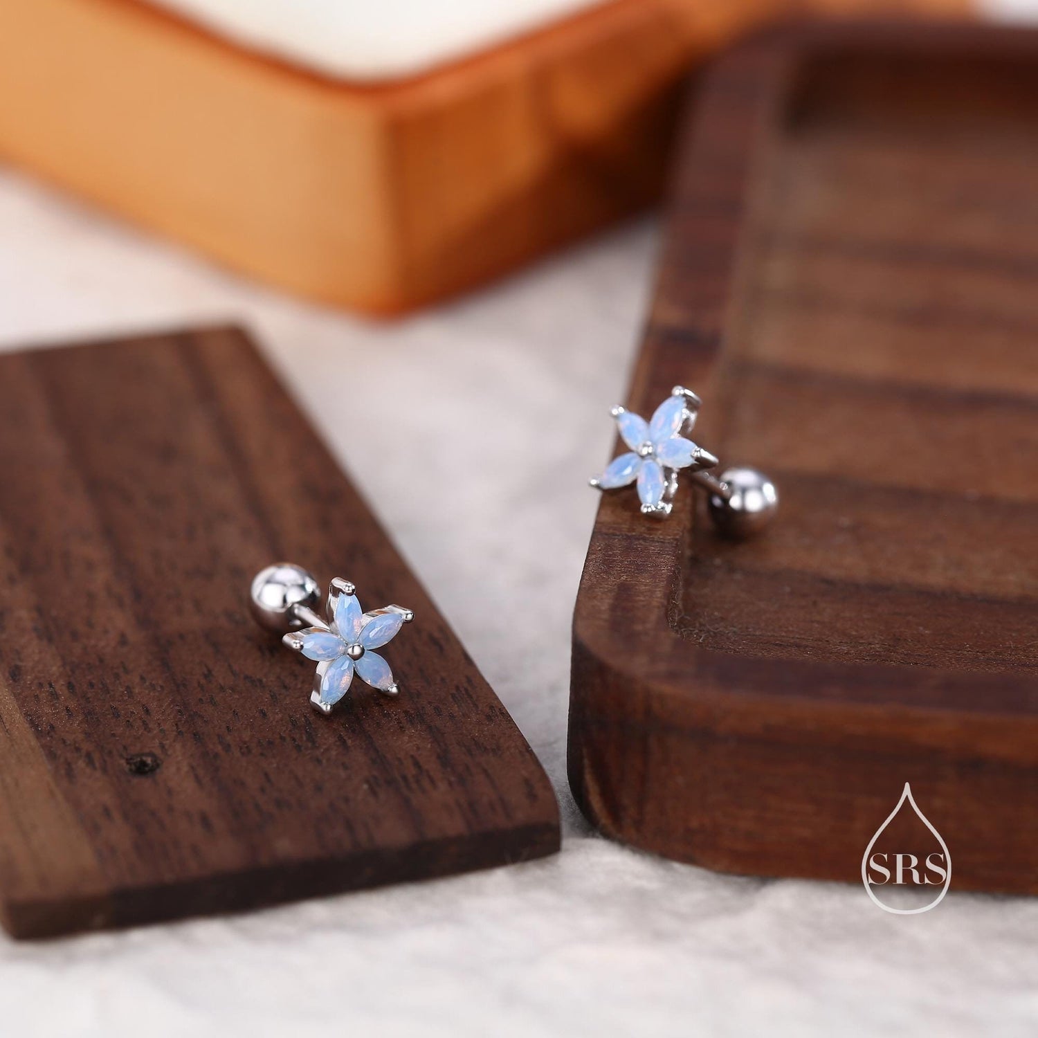 Opal Blue CZ Flower 18G Screw Back Earrings in Sterling Silver