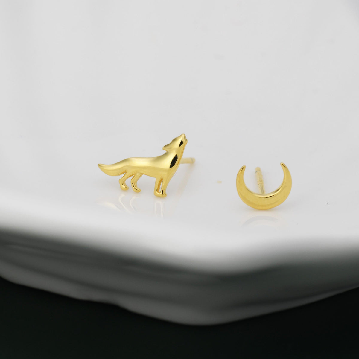 Mismatched Wolf and Moon Stud Earrings in Sterling Silver, Silver, Gold or Rose Gold, Asymmetric Wolf and Crescent Moon Earrings