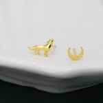 Mismatched Wolf and Moon Stud Earrings in Sterling Silver, Silver, Gold or Rose Gold, Asymmetric Wolf and Crescent Moon Earrings