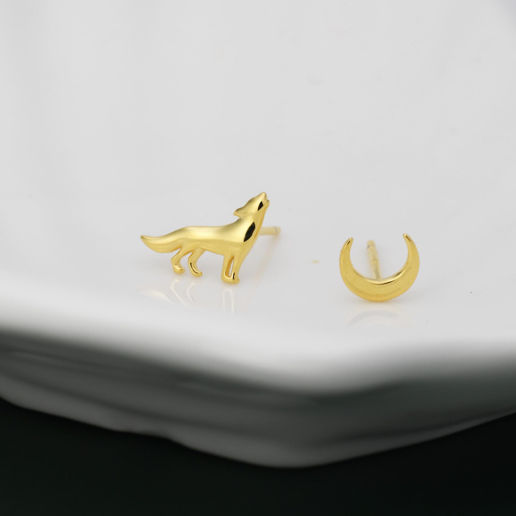 Mismatched Wolf and Moon Stud Earrings in Sterling Silver, Silver, Gold or Rose Gold, Asymmetric Wolf and Crescent Moon Earrings