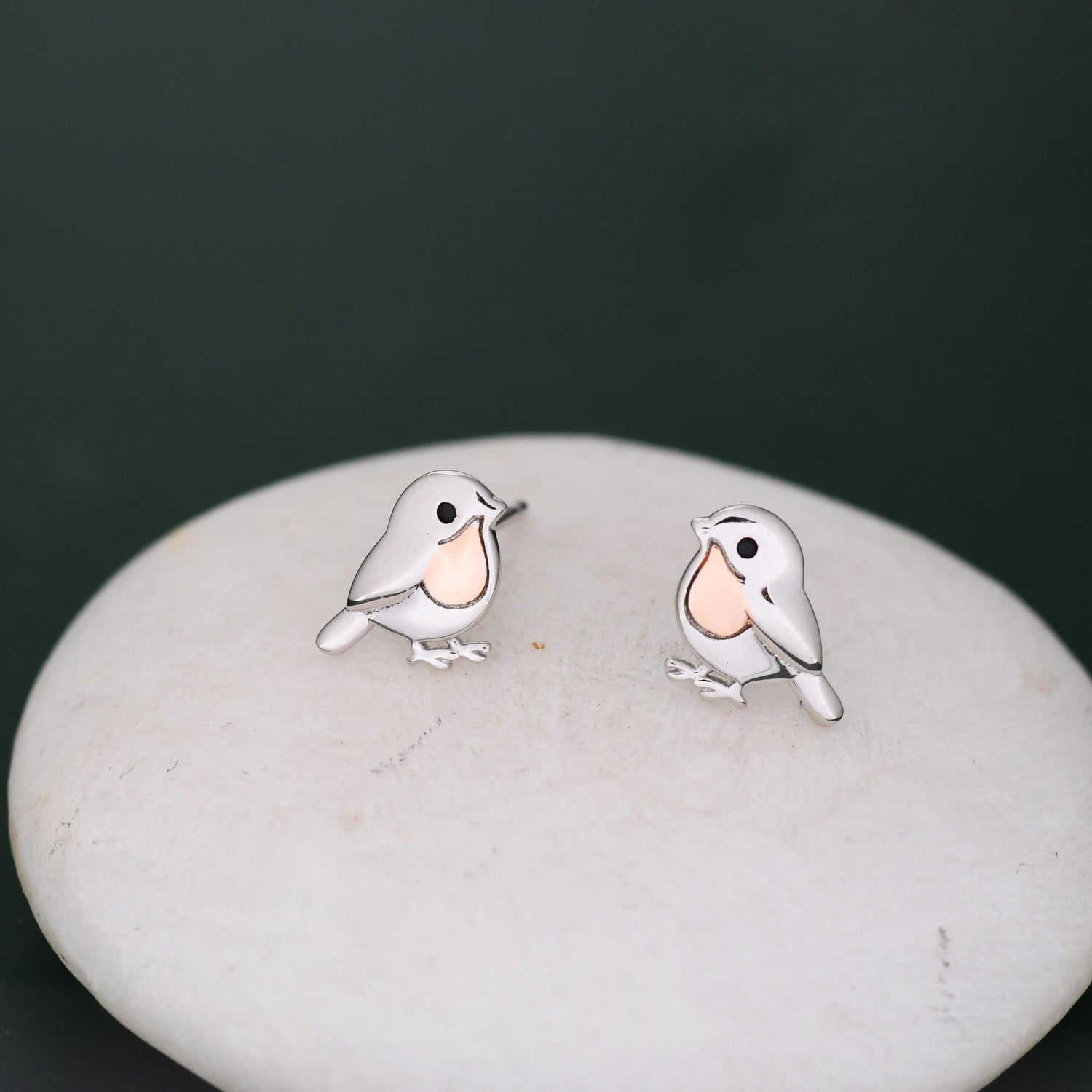 Baby Robin Bird Stud Earrings in Sterling Silver with Two Tone Finish - Partial Rose Gold Coating, British Garden Bird Earrings