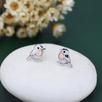 Baby Robin Bird Stud Earrings in Sterling Silver with Two Tone Finish - Partial Rose Gold Coating, British Garden Bird Earrings