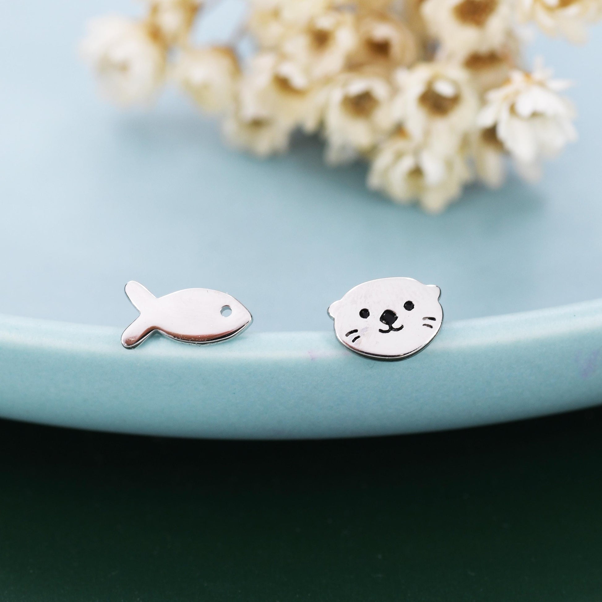 Mismatched Otter and Fish Stud Earrings in Sterling Silver - Asymmetric Cute Animal Earrings - Fun, Whimsical Earrings
