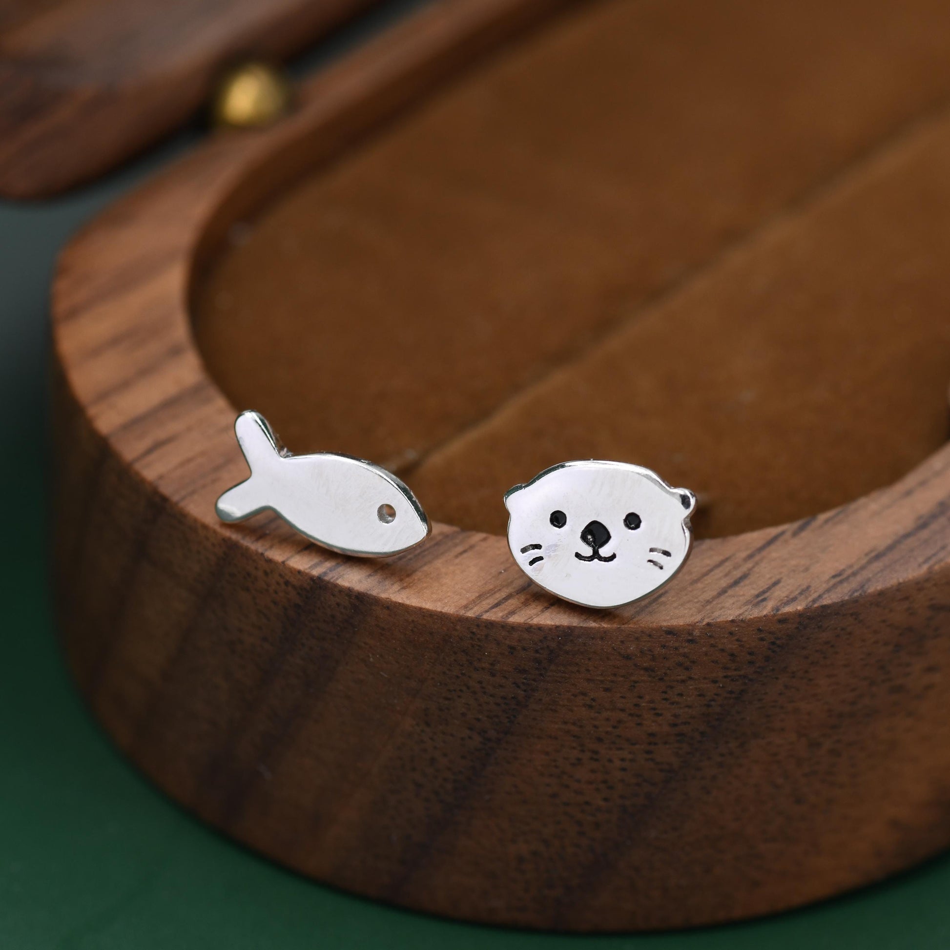 Mismatched Otter and Fish Stud Earrings in Sterling Silver - Asymmetric Cute Animal Earrings - Fun, Whimsical Earrings