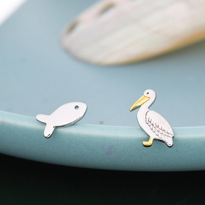 Mismatched Pelican Bird and Fish Stud Earrings in Sterling Silver, Partial Gold Plate, Nature Inspired Animal Earrings, Pelican Earrings,