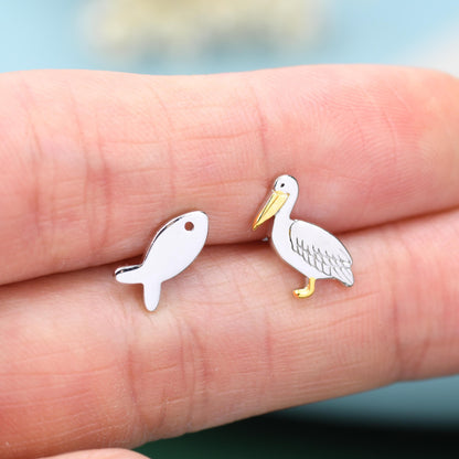 Mismatched Pelican Bird and Fish Stud Earrings in Sterling Silver, Partial Gold Plate, Nature Inspired Animal Earrings, Pelican Earrings,