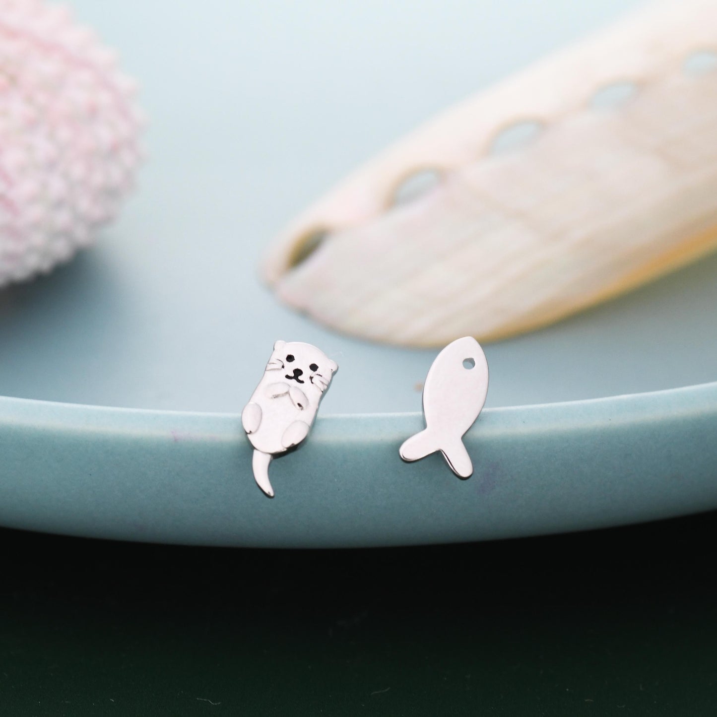 Mismatched Otter and Fish Stud Earrings in Sterling Silver  - Gold or Rose Gold, Asymmetric Cute Animal Earrings -  Fun, Whimsical Earrings