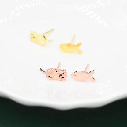 Mismatched Otter and Fish Stud Earrings in Sterling Silver  - Gold or Rose Gold, Asymmetric Cute Animal Earrings -  Fun, Whimsical Earrings