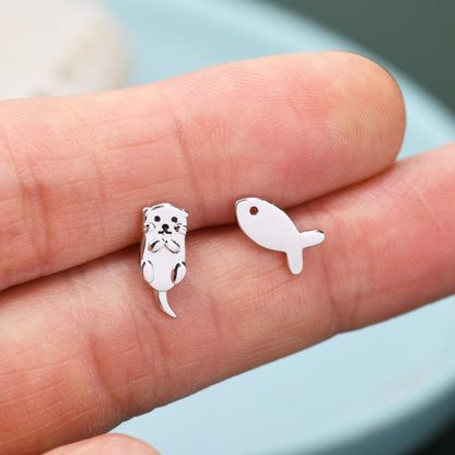 Mismatched Otter and Fish Stud Earrings in Sterling Silver  - Gold or Rose Gold, Asymmetric Cute Animal Earrings -  Fun, Whimsical Earrings