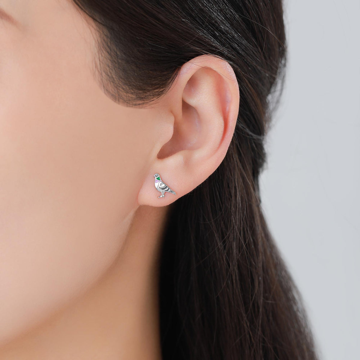 Tiny Sterling Silver Pigeon Bird Stud Earrings, Enamel Coated Pigeon Bird Earrings, Nature Inspired Animal Earrings