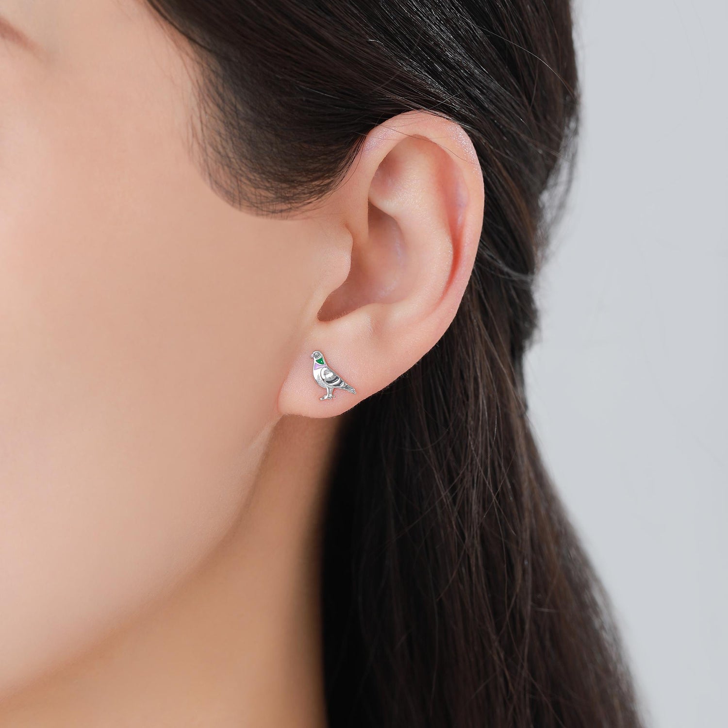 Tiny Sterling Silver Pigeon Bird Stud Earrings, Enamel Coated Pigeon Bird Earrings, Nature Inspired Animal Earrings