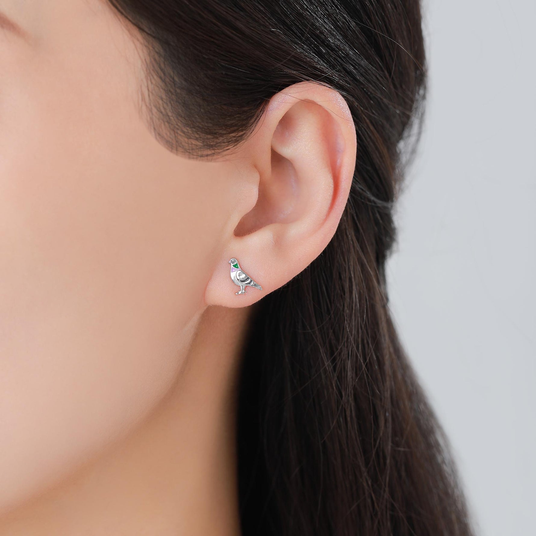 Tiny Sterling Silver Pigeon Bird Stud Earrings, Enamel Coated Pigeon Bird Earrings, Nature Inspired Animal Earrings